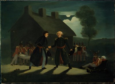 اجتماع ويلينغتون (1769-1852) وبلوشر (1742-1819) في تحالف لابيل بعد معركة واترلو ، c.1820 بواسطة H. باينز